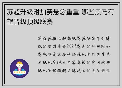 苏超升级附加赛悬念重重 哪些黑马有望晋级顶级联赛